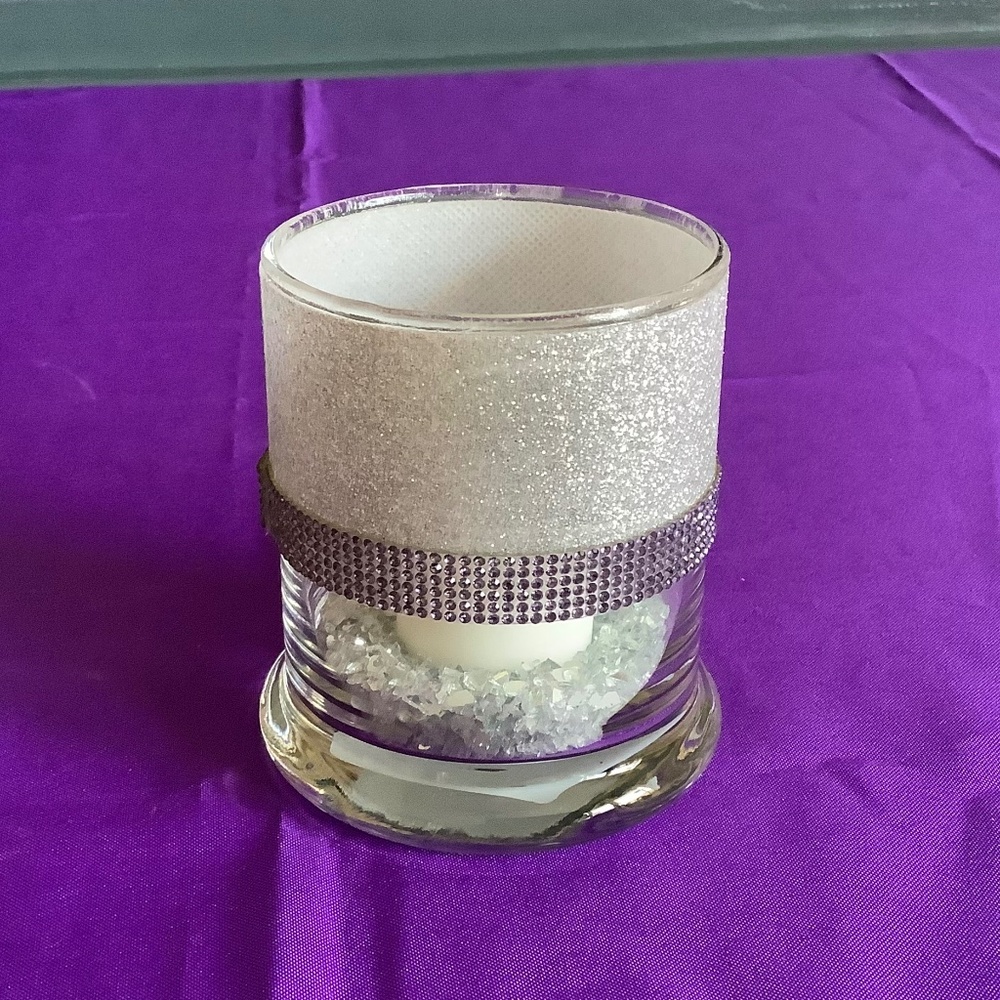 Storage jar with lid embellished with silver glitter ribbon & purple rhinestones